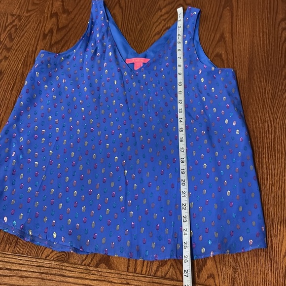 Lilly Pulitzer Florin SILK Royal Blue metallic polka dots Tank top V neck / back - Picture 10 of 12